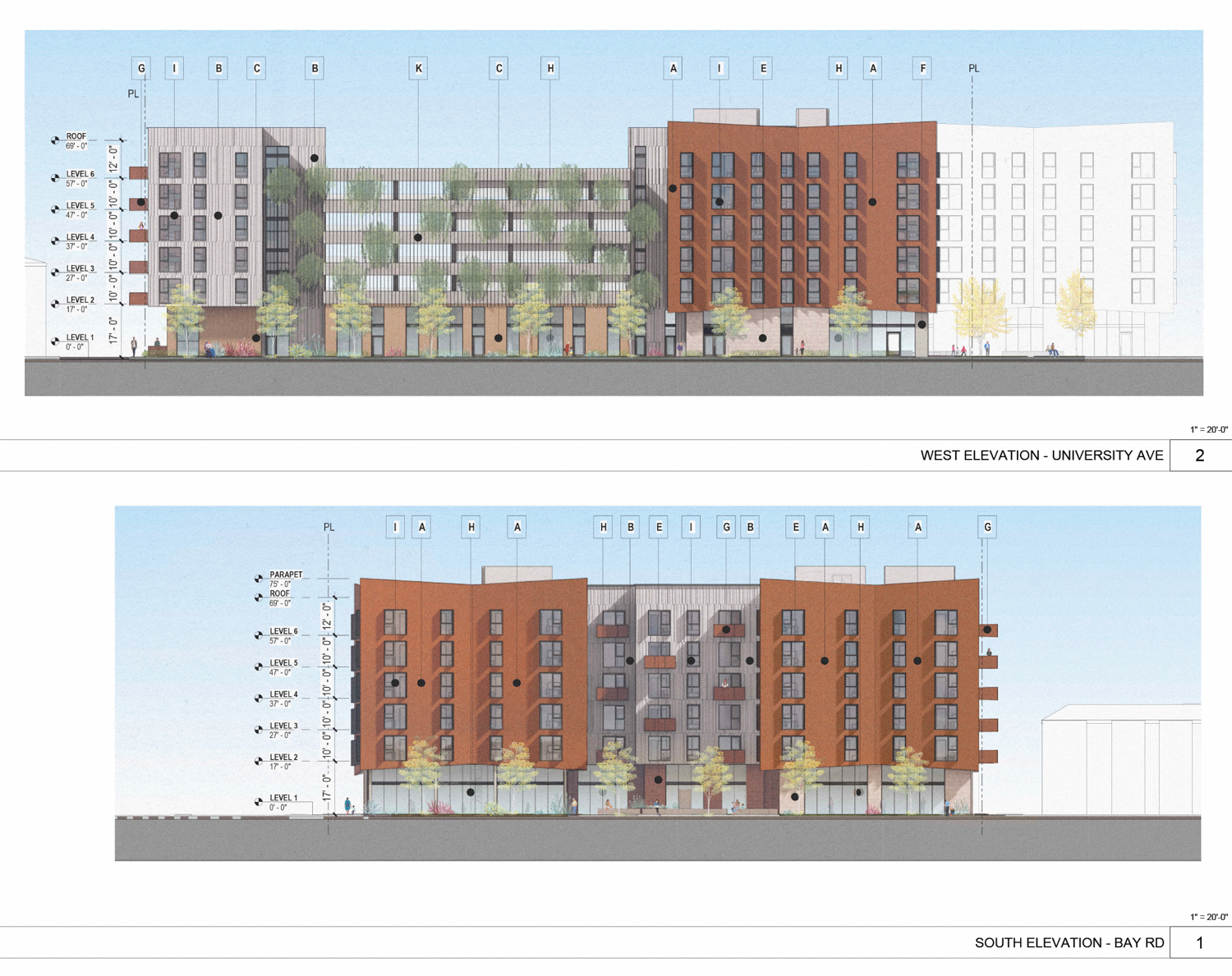 1675 Bay Road facade elevation, illustration by David Baker Architects