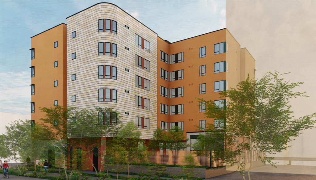 1700 Sacramento Street seen from the future internal roads, rendering by Pyatok