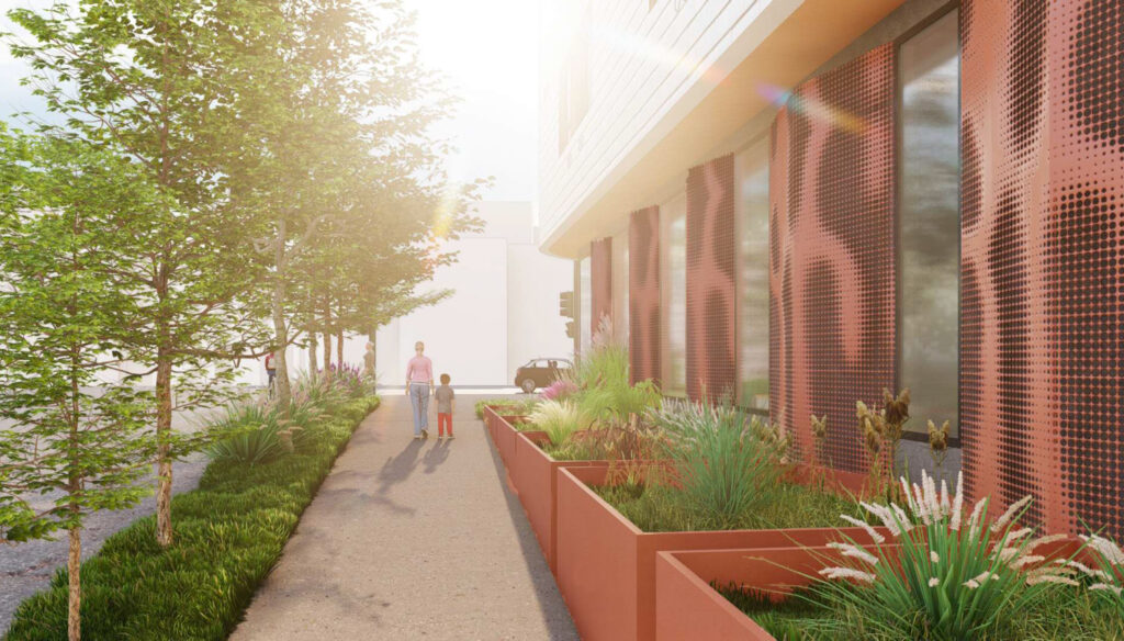 1700 Sacramento Street sidewalk view, rendering by Pyatok