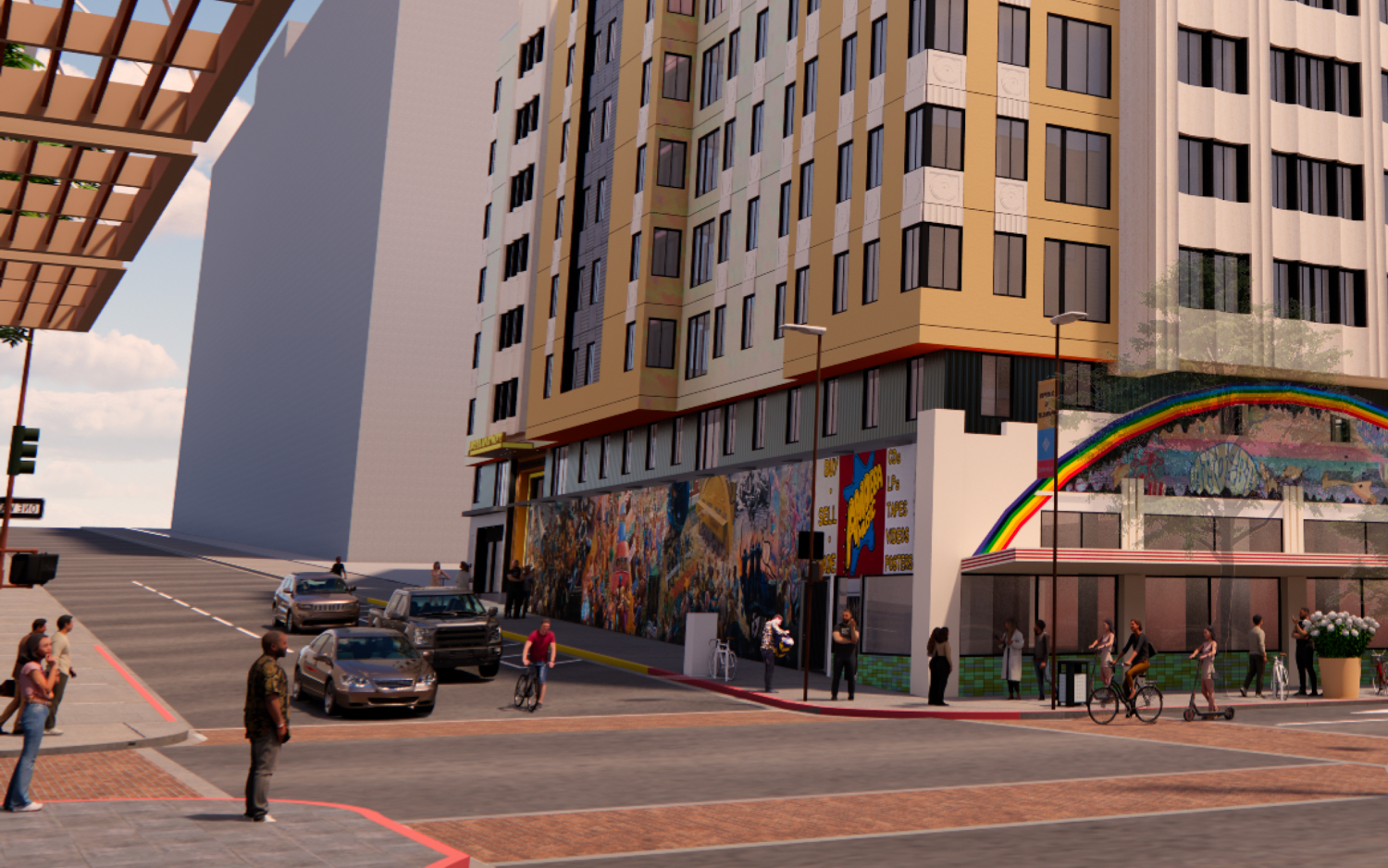 2455 Telegraph Avenue close-up of the preserved People's Park mural and rainbow, rendering by Studio KDA