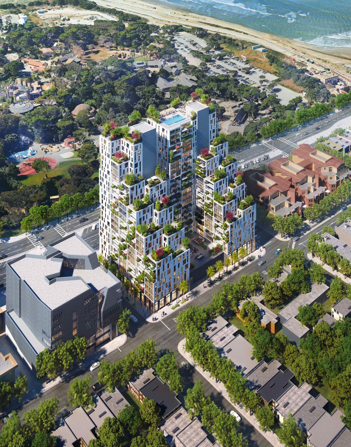 2700 Sloat Boulevard aerial view of the structure overlooking the Zoo, illustration by SCB