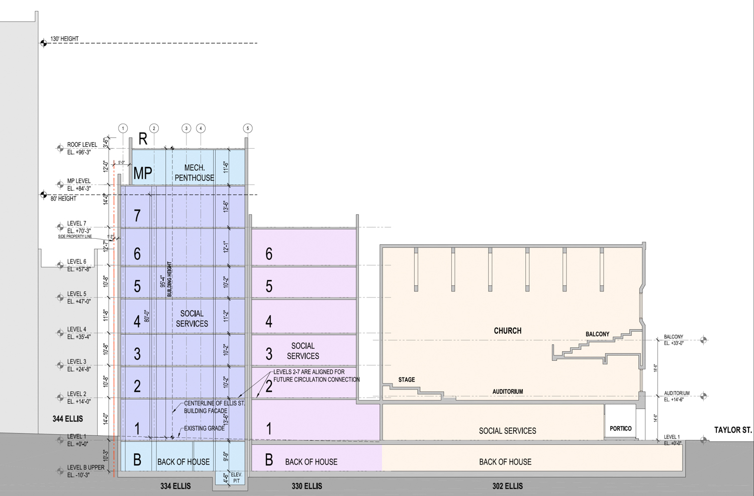 Glide Foundation vertical cross section, illustration by Heller Manus Architects