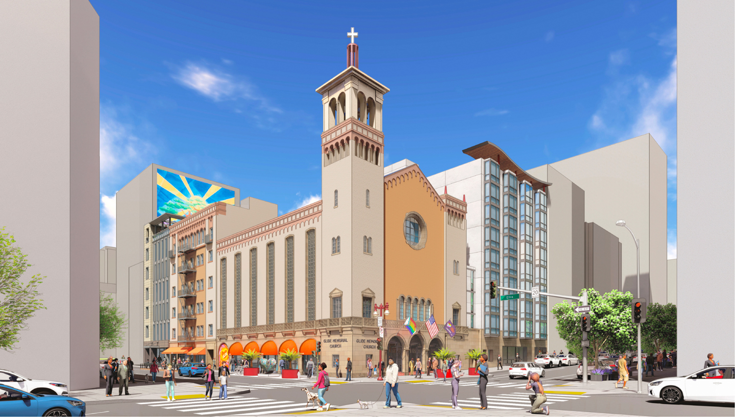 Glide Memorial Church with 334 Ellis Street visible to the left, rendering by Heller Manus Architects