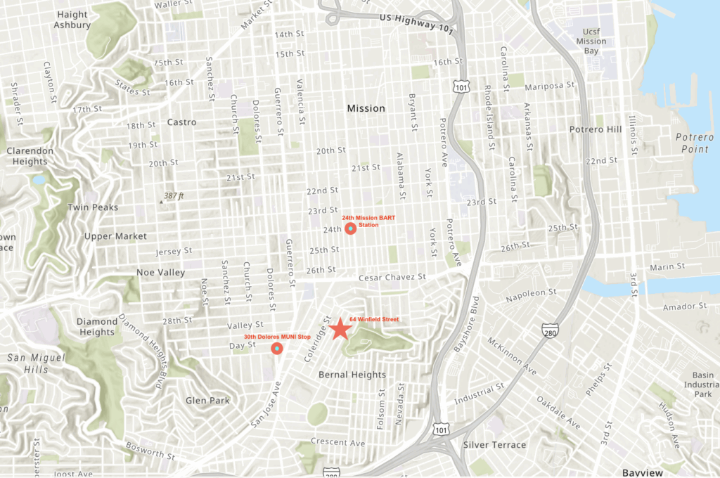 64 Winfield Street Site Location with Nearest Transit Stops Marked on Map, image via ArcGIS Online, edited by the author