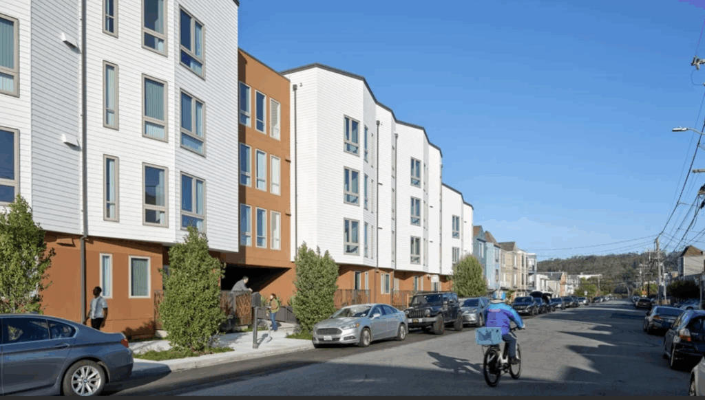 Shirley Chisholm Village Finished Building Street View, image via MidPen Housing credits to Bruce Damonte