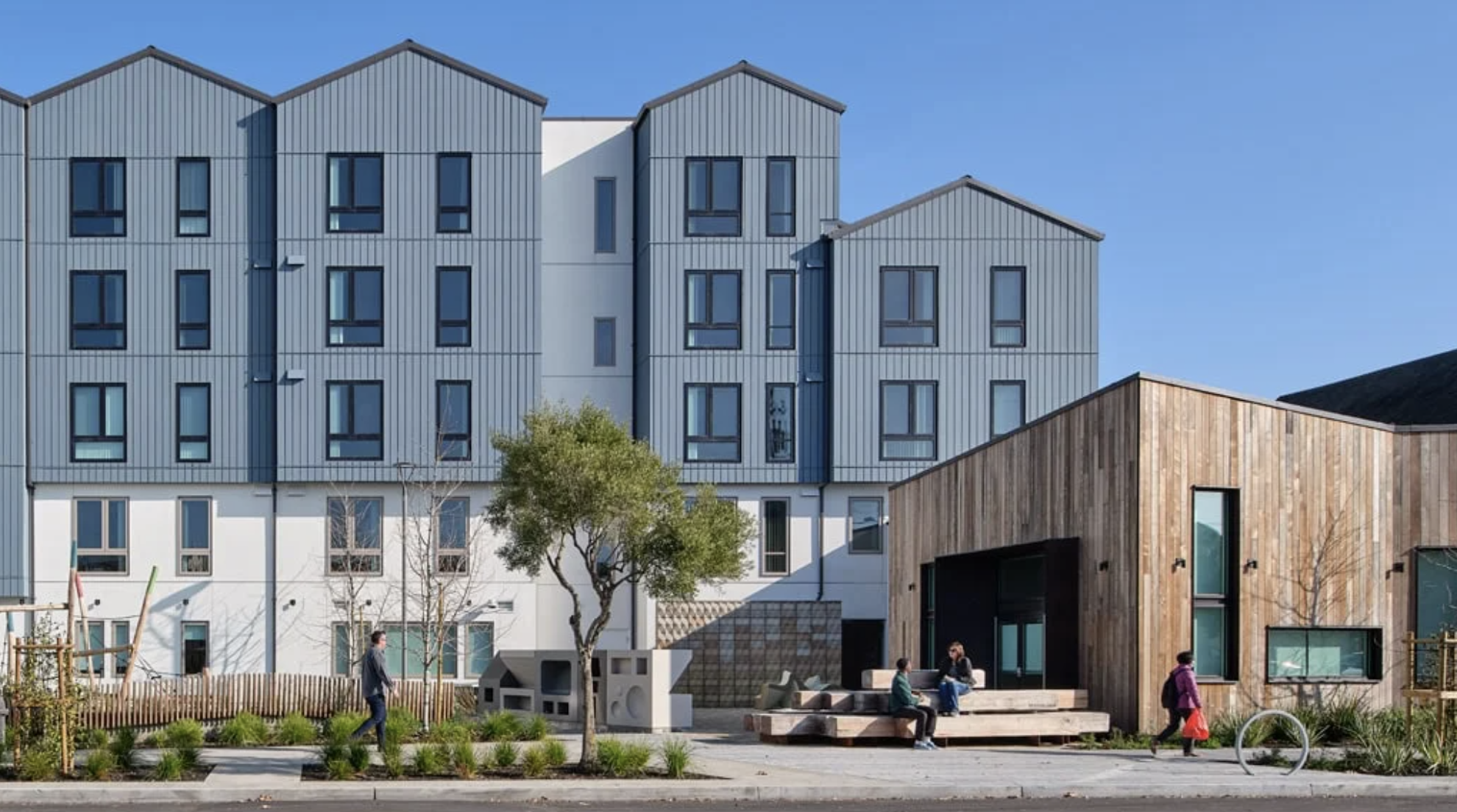 Shirley Chisholm Village Finished Building, image via MidPen Housing credits to Bruce Damonte