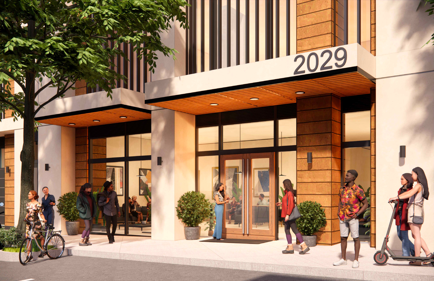 2029 University Avenue student housing iteration lobby entrance, illustration by SDT Architects