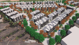 2100-2400 Geng Road aerial view, rendering by Dahlin Group