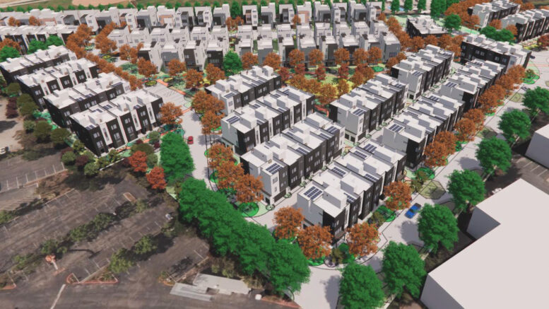 2100-2400 Geng Road aerial view, rendering by Dahlin Group