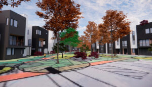 2100-2400 Geng Road courtyard, illustration by Dahlin Group