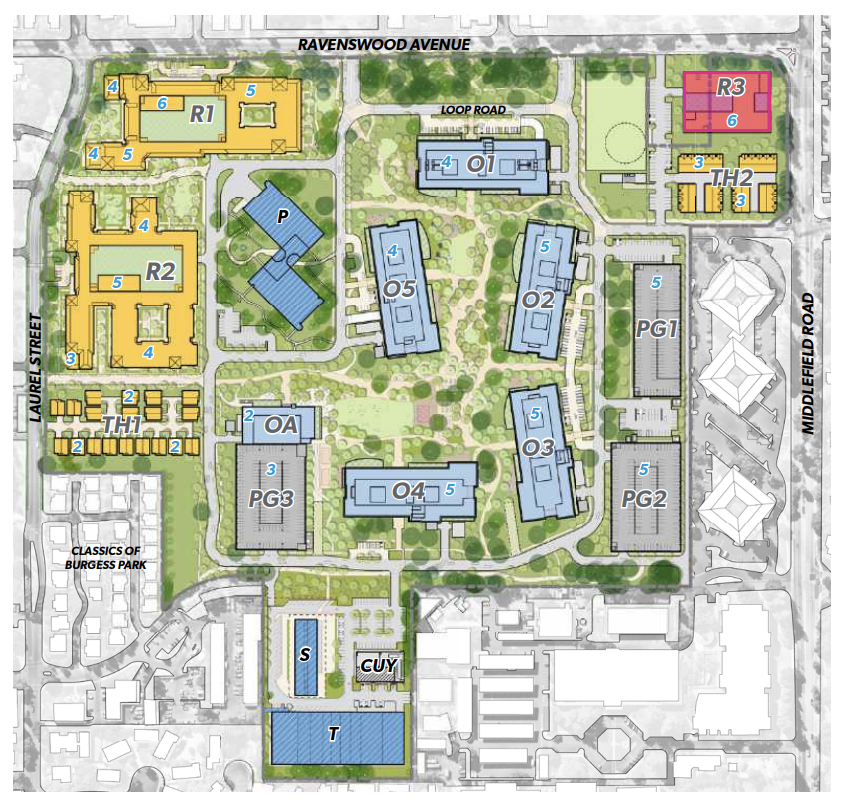 333 Ravenscourt Avenue Varient Site Plan with Building Stories Marked in Blue Numbers, image via ICE