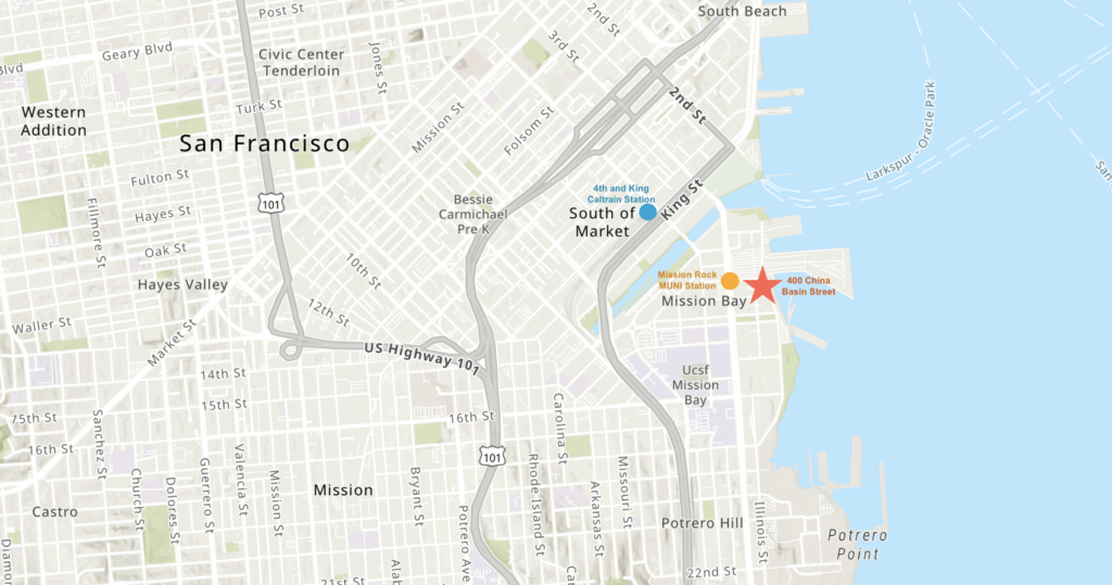 400 China Basin Street Site Location with Nearby Transit, image via ArcGIS Online, edited by the author