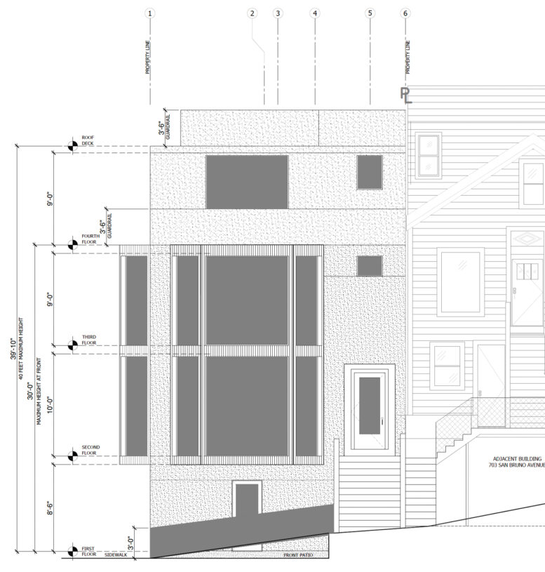 701 San Bruno Avenue facade elevation, illustration by Carlos Alfaro