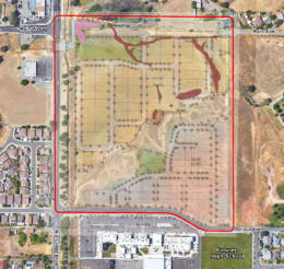 853-901 Main Avenue site plan overlaid on satellite imagery, image via CBG