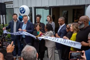 Prescott Station grand opening ribbon cutting with Oakland Councilmember Carroll Fife and County Alameda Supervisor Nikki Fortunato Bas, image by author