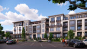 107 Town and Country Drive apartment building seen from nearby surface parking lot, rendering by LPAS Architecture & Design