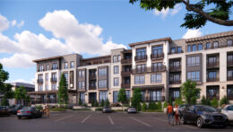 107 Town and Country Drive apartment building seen from nearby surface parking lot, rendering by LPAS Architecture & Design