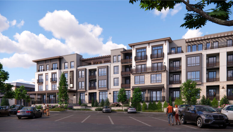 107 Town and Country Drive apartment building seen from nearby surface parking lot, rendering by LPAS Architecture & Design