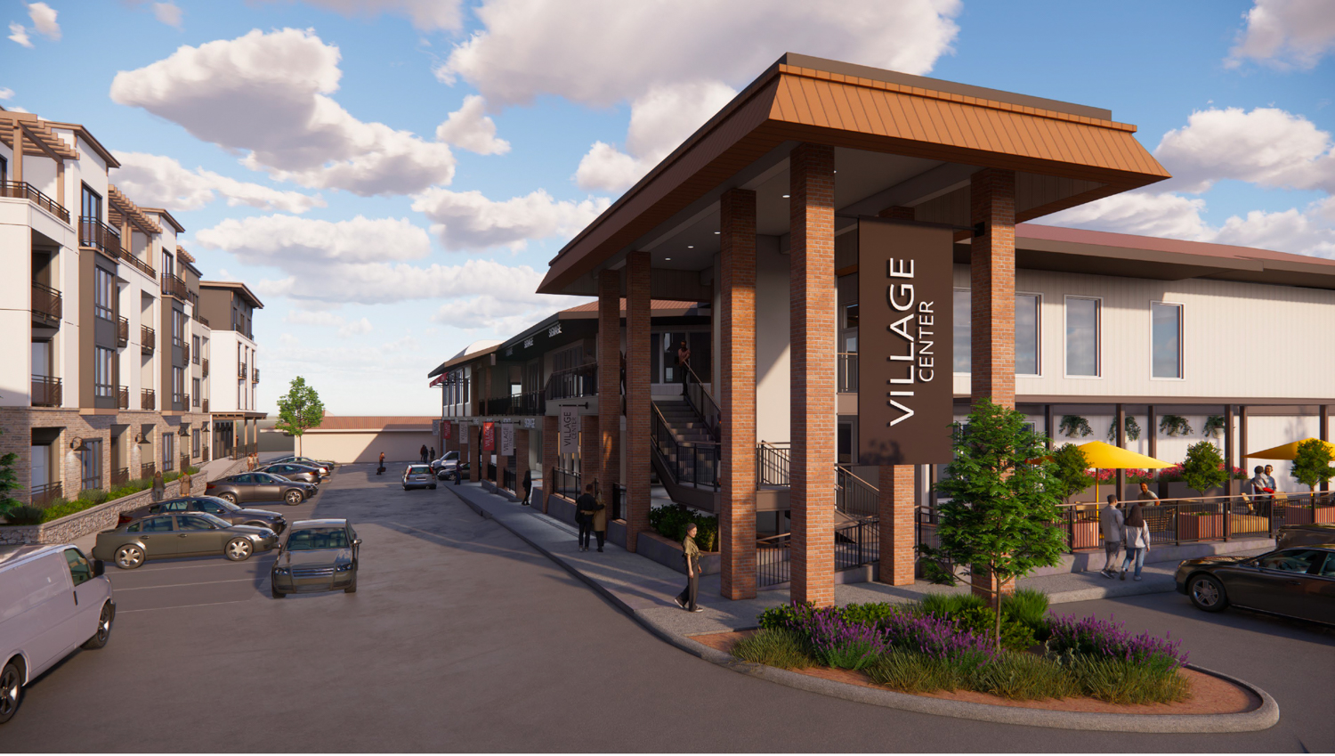 107 Town and Country Drive apartments (right) across from the existing retail structure to be retained (right), rendering by LPAS Architecture & Design