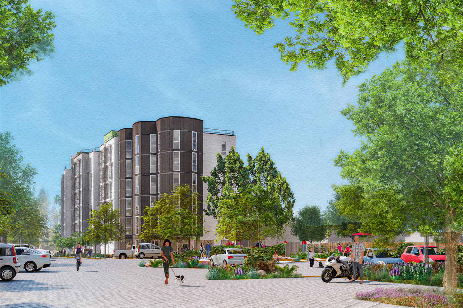 150-170 Sierra Drive view from the surface parking lot, rendering by David Baker Architects