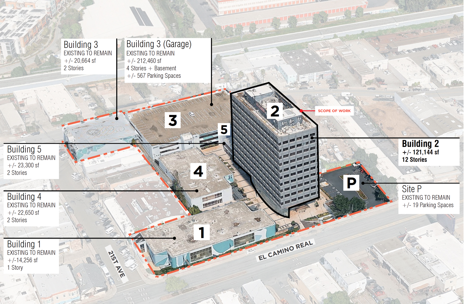 2121 South El Camino Real labeled site aerial view, illustration by TCA Architects