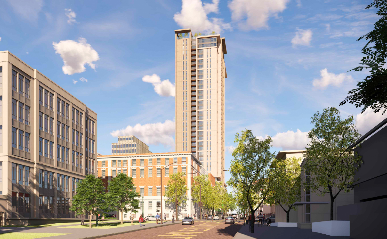 2190 Shattuck Avenue seen from along Allston Way, rendering by SDT Architects