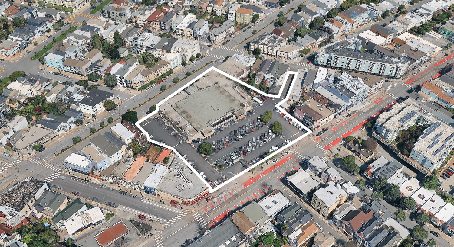 3350 Mission Street outlined approximately by YIMBY, image via Google Satellite