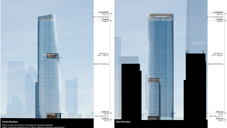 536 Mission Street office variant south and west facade elevations, rendering by SOM