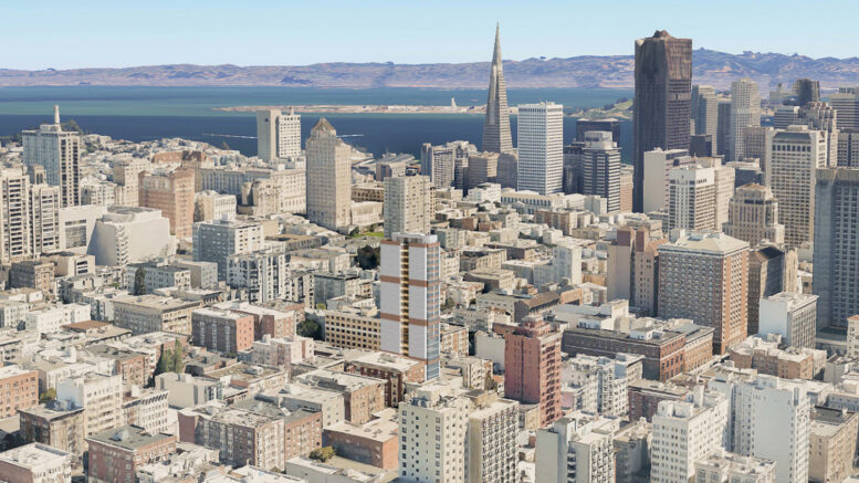 777 Sutter Street aerial view looking eastward, rendering by FORMA