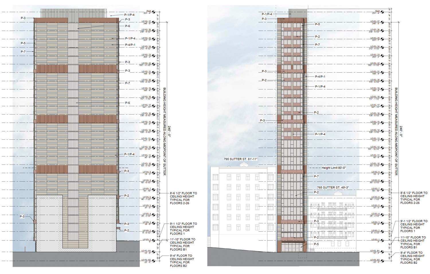 777 Sutter Street facade elevation, illustration by FORMA