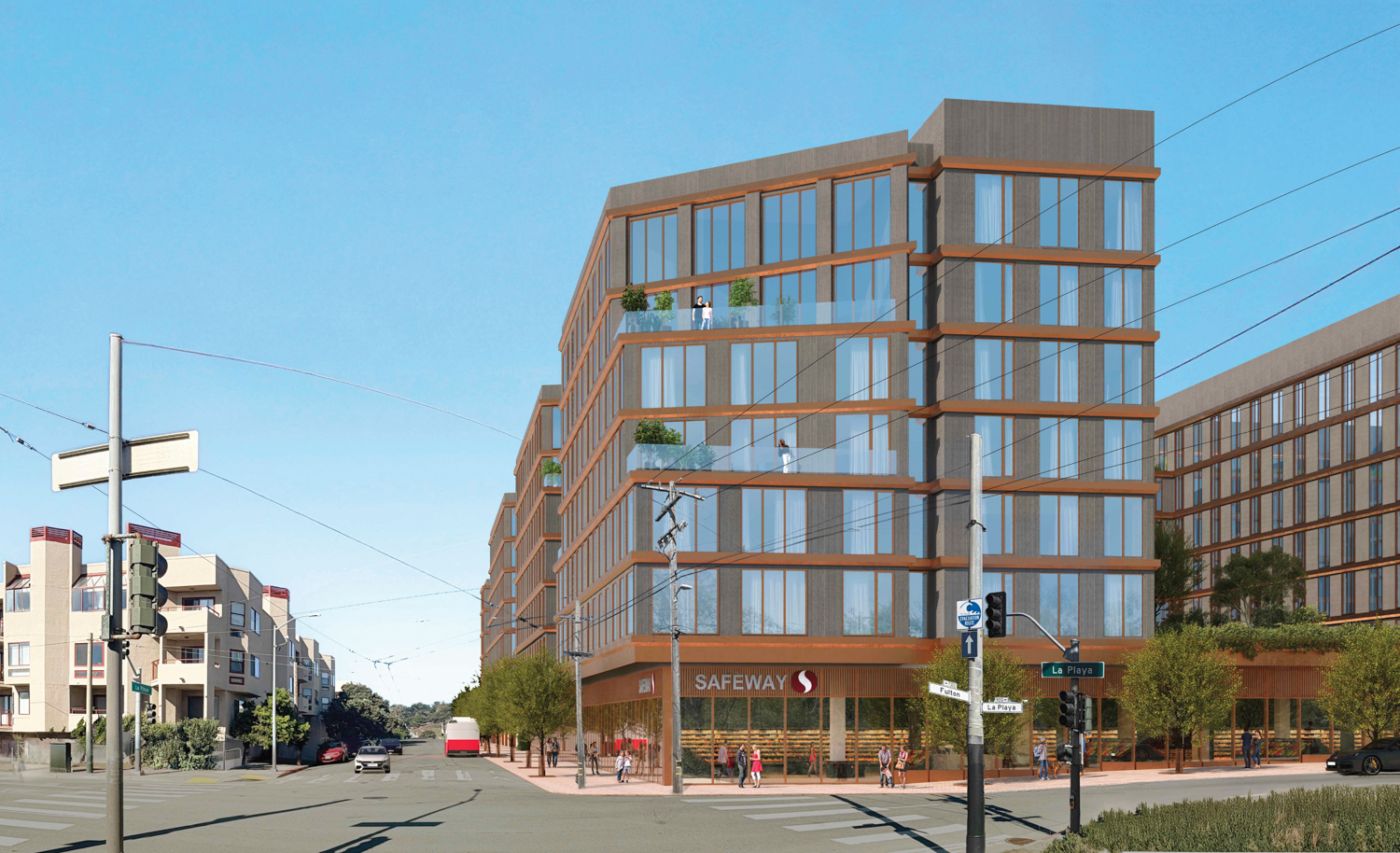 850 La Playa Street pedestrian view from La Playa and Fulton Street, rendering by Steinberg Hart