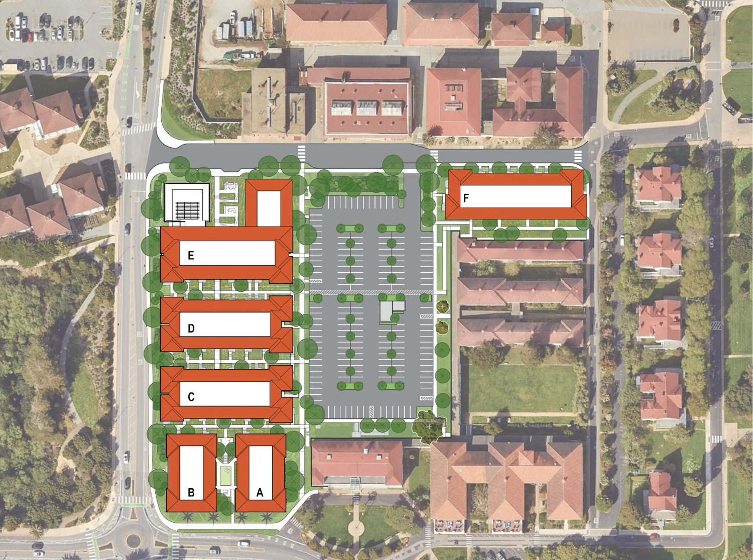 Letterman Residential project rooftop view, illustration by David Baker Architects