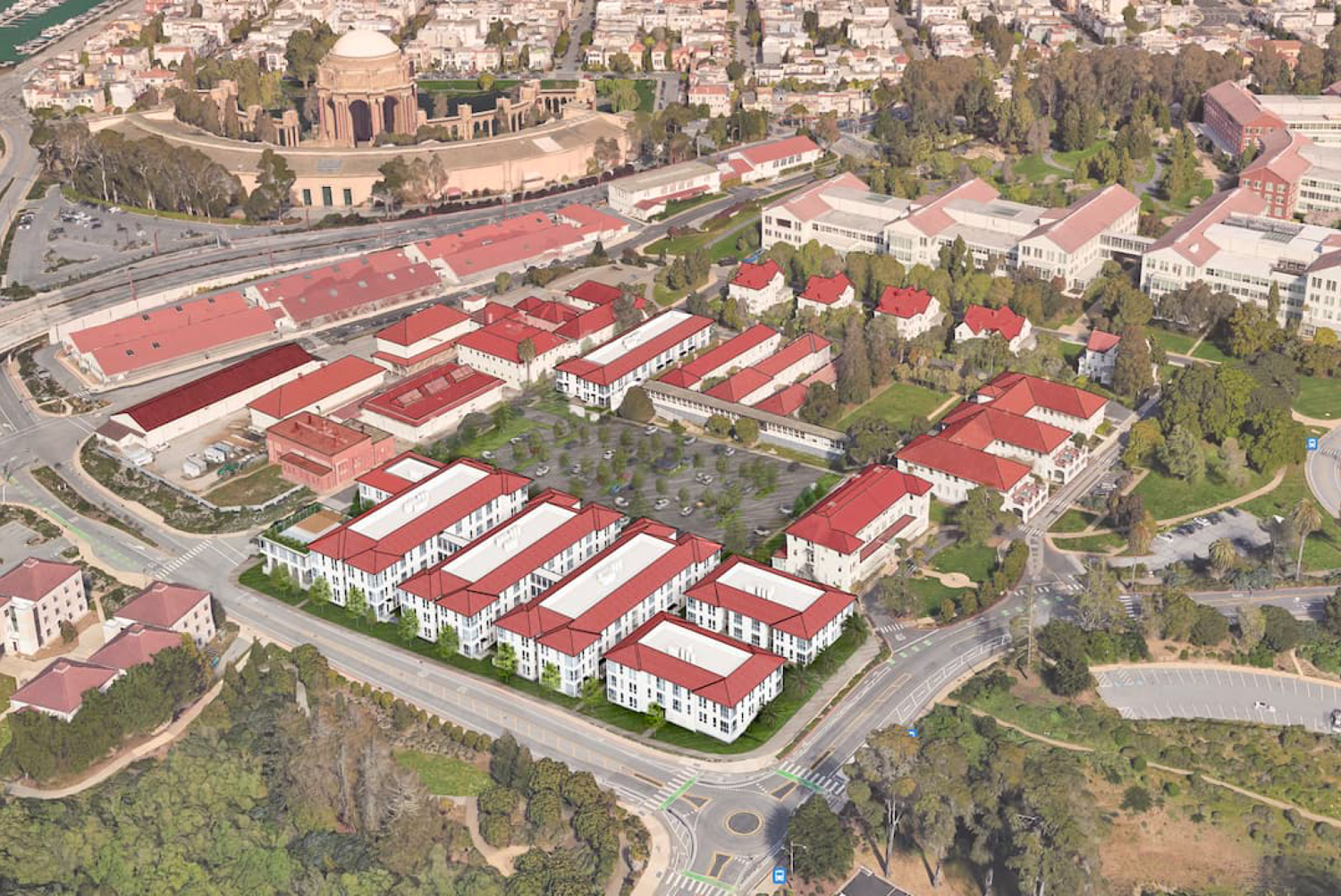 Letterman Residential project aerial view, rendering by David Baker Architects