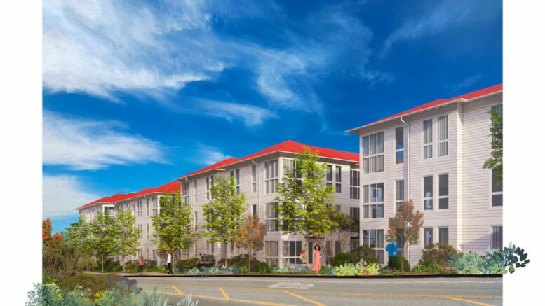 Letterman Residential project pedestrian view, rendering by David Baker Architects