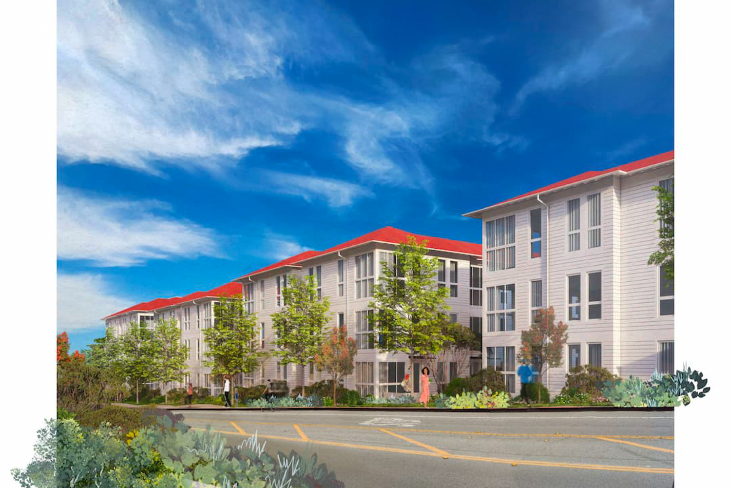 Letterman Residential project pedestrian view, rendering by David Baker Architects