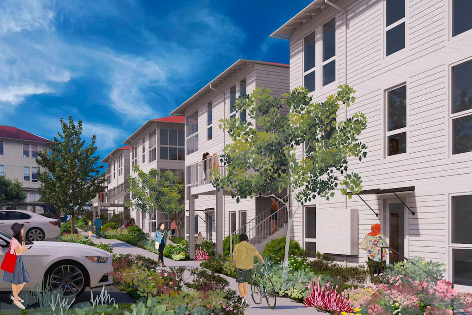 Letterman Residential project sidewalk view, rendering by David Baker Architects