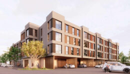 Orchards Affordable Apartments pedestrian view, rendering by Steinberg Hart