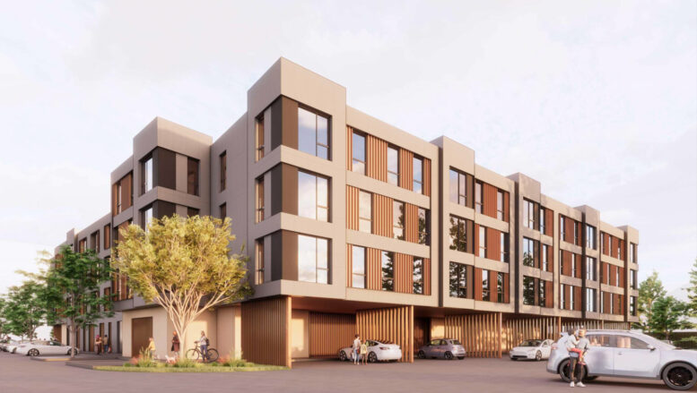 Orchards Affordable Apartments pedestrian view, rendering by Steinberg Hart