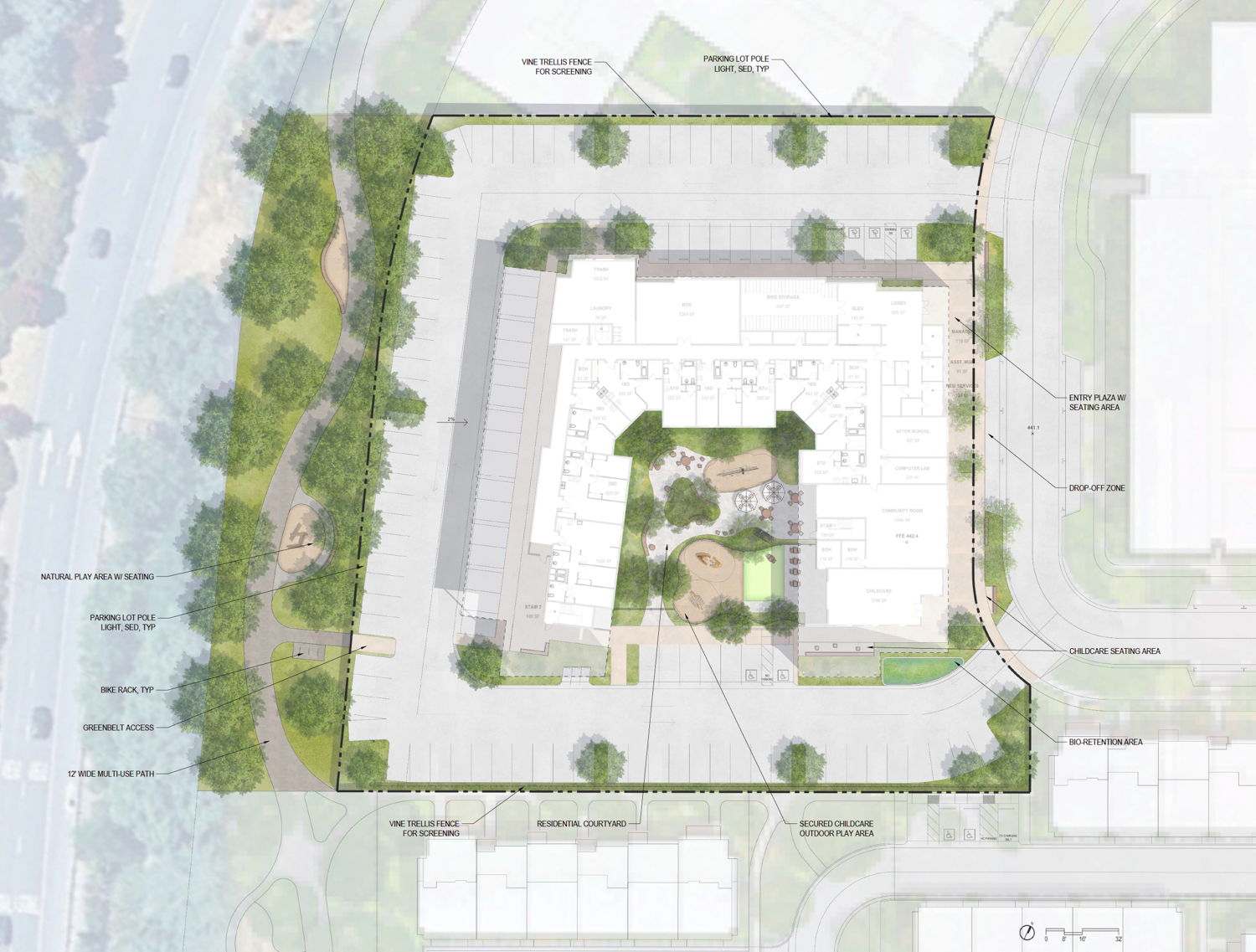 Orchards Affordable Apartments site map, rendering by Steinberg Hart