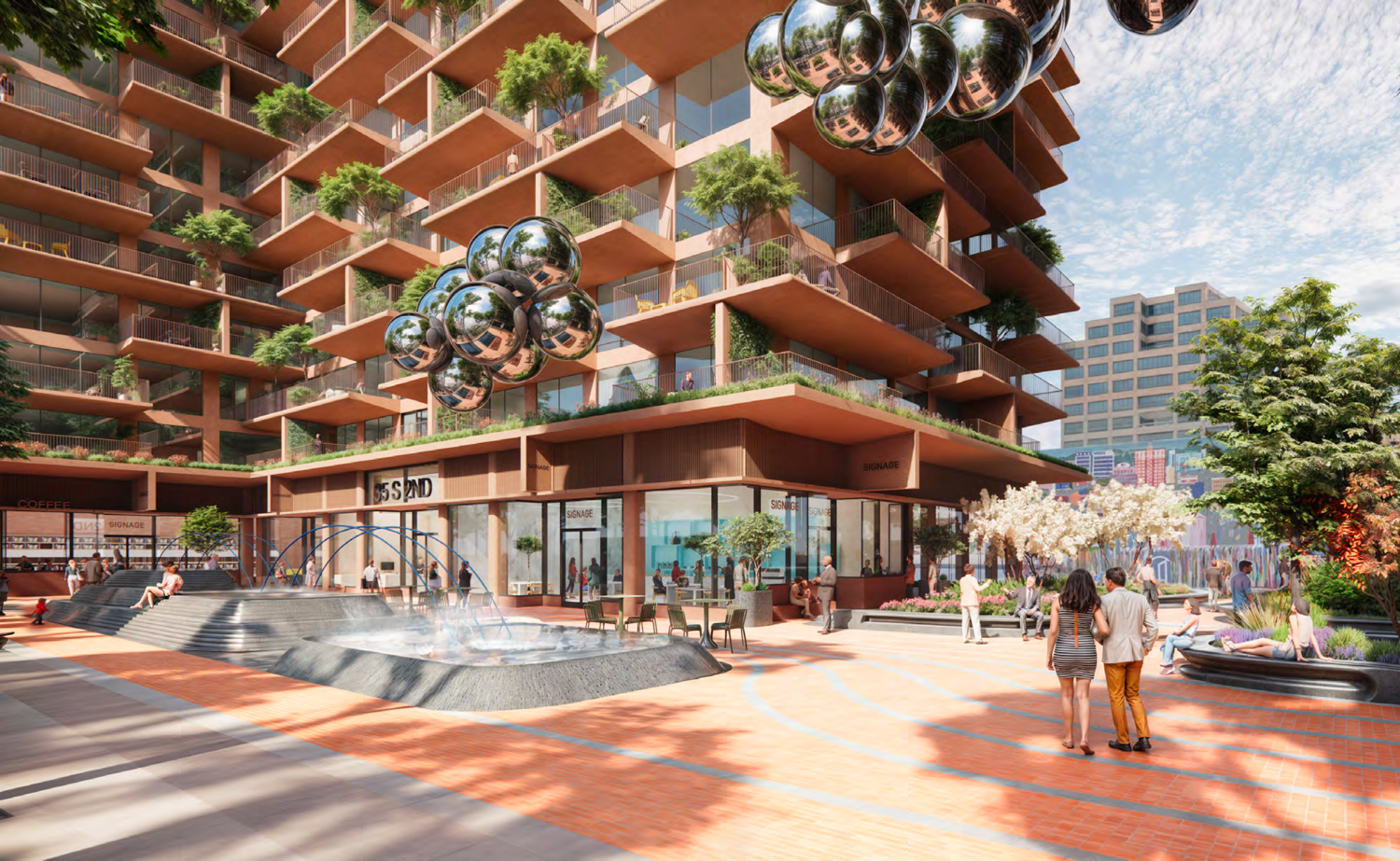35 South Second Street pedestrian plaza, rendering by Bjarke Ingels Group