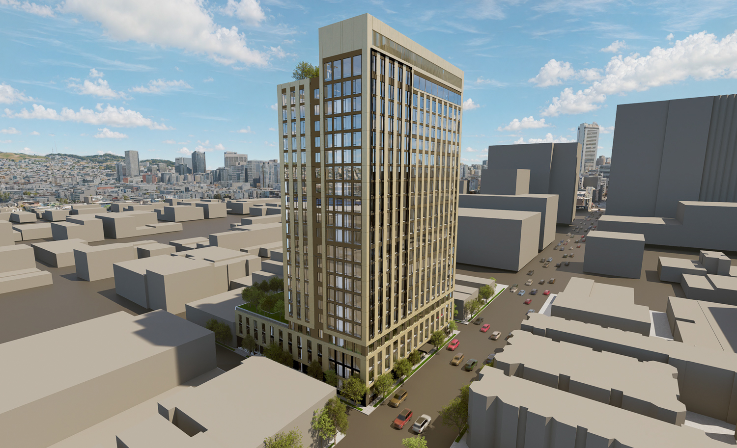 360 5th Street aerial view with the Hilton tower visible in the background, rendering by Handel Architects