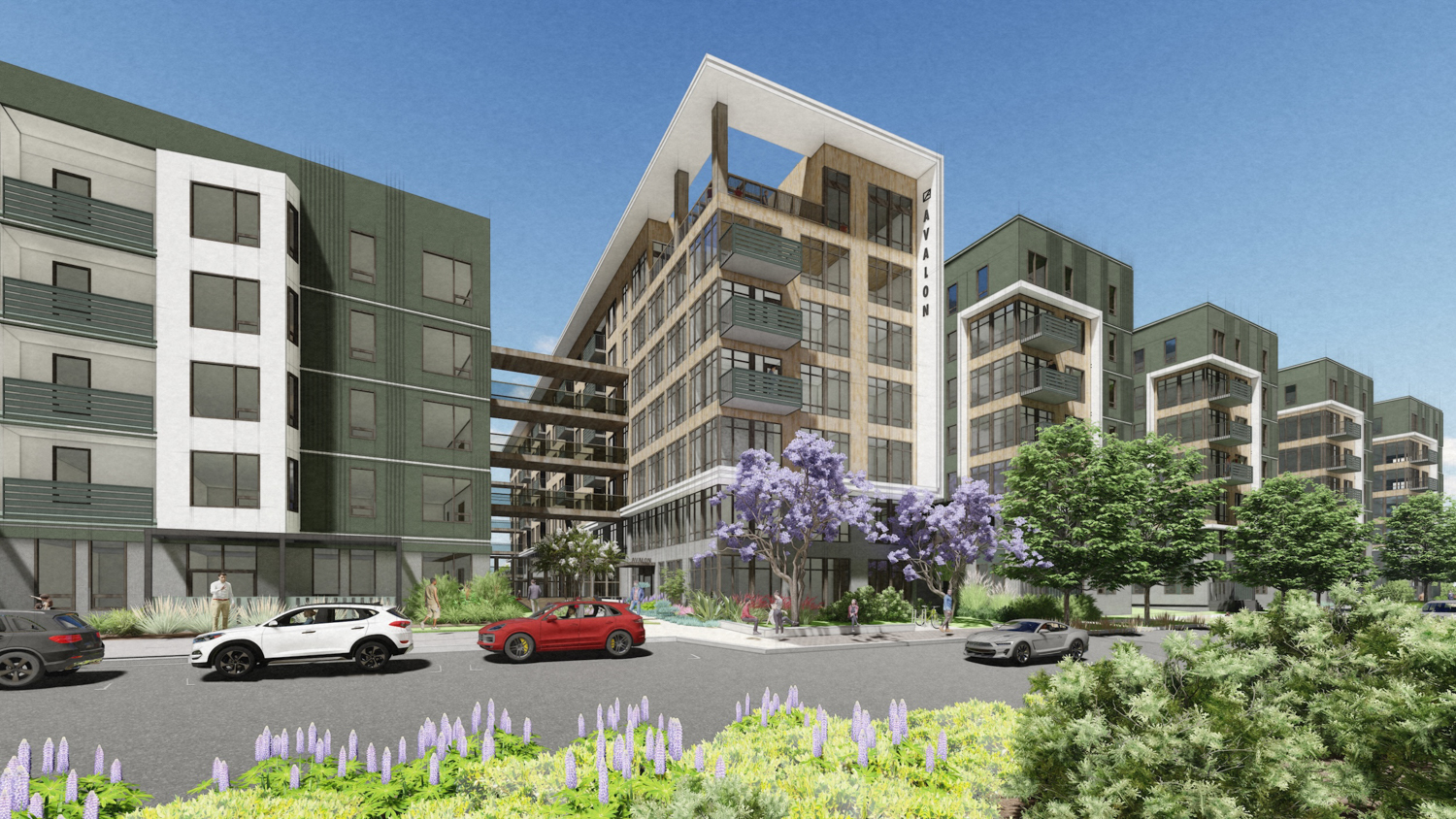 AvalonBay at Bishop Ranch looking at one of the elevated sky bridges, rendering by BAR Architects & Interiors