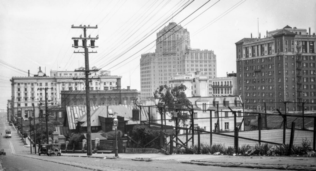 Historic Image of Nob Hill with The Huntinton Hotel Shown on Far Right, image via OpenSFHistory.org