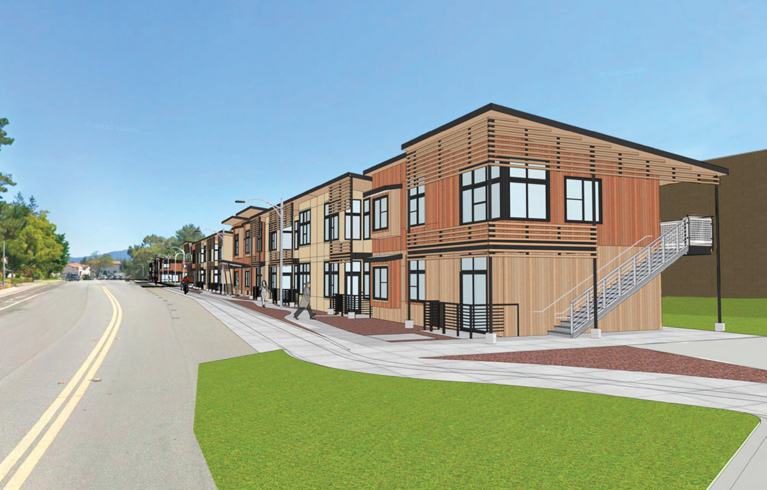 Mary Avenue Affordable Housing project Building 2 pedestrian view, illustration by KO Architects