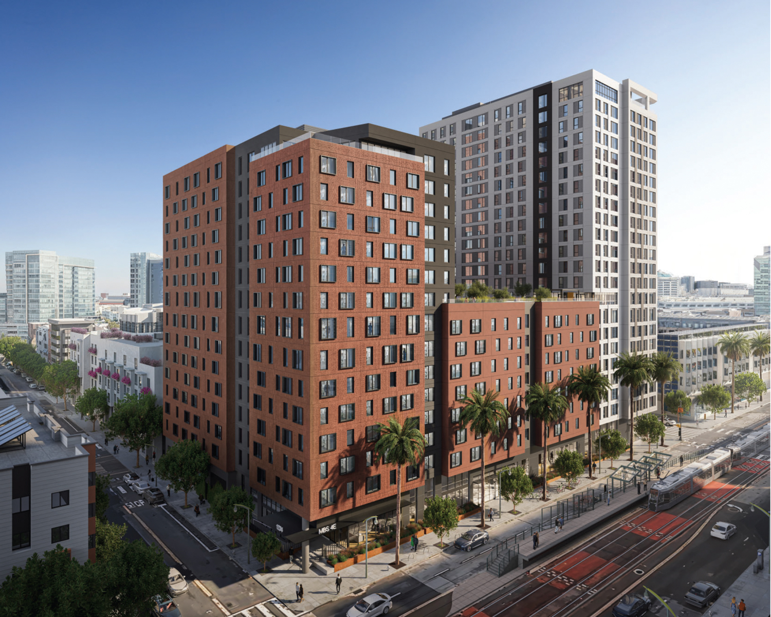 Mission Bay Block 4 East aerial view looking at Phase One, rendering by Perry Architects and Y.A. Studio