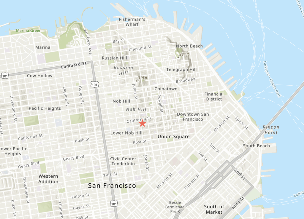 The Huntinton Hotel 1075 California Street Site Location, image via ArcGIS Online.