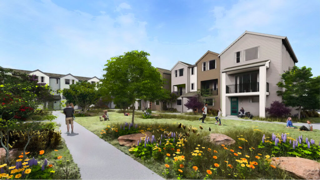 The Orchards neighborhood park pedestrian view, illustration by WHA