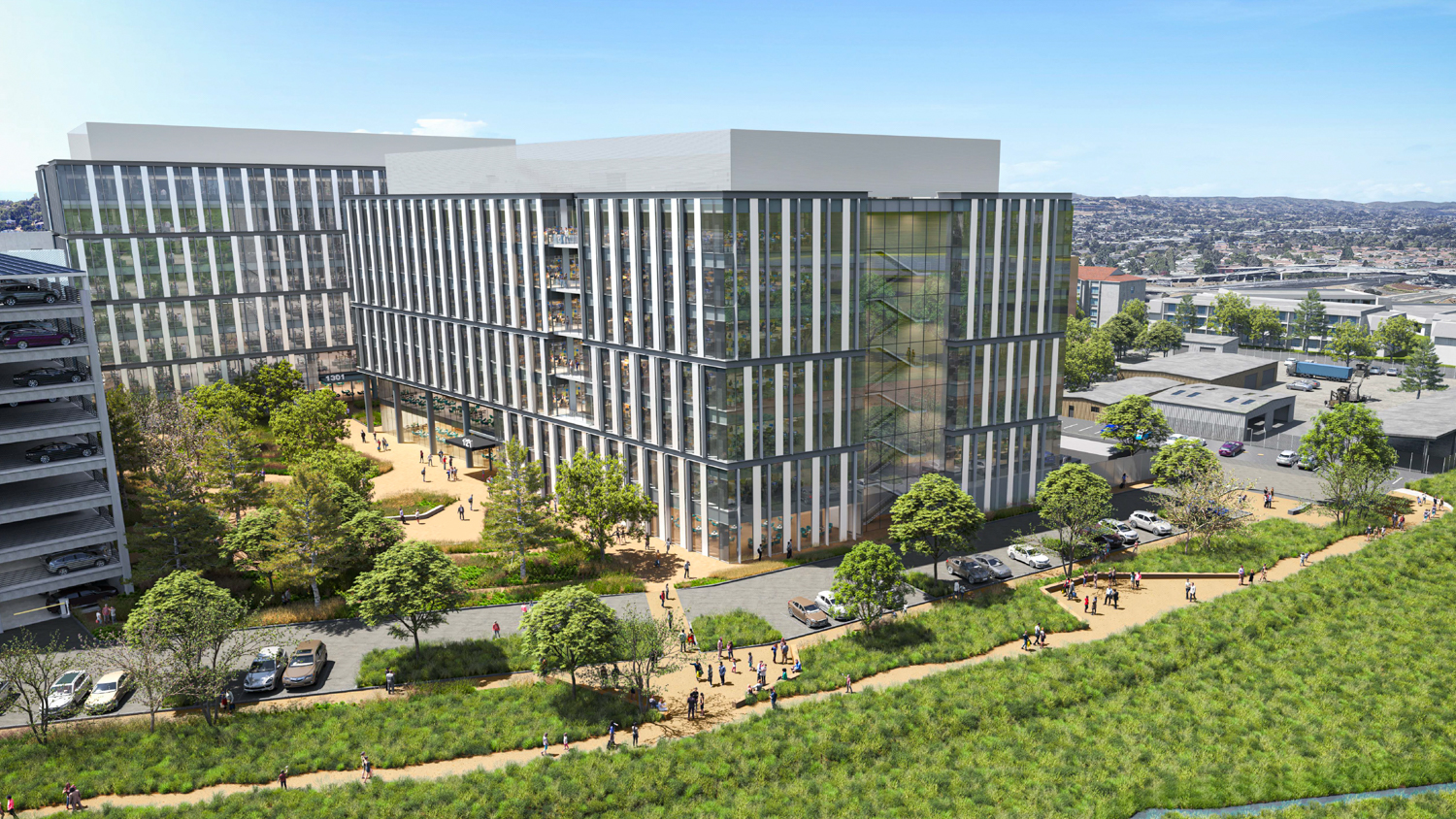 1301 Shoreway Road aerial view facing the central courtyard, rendering by DGA