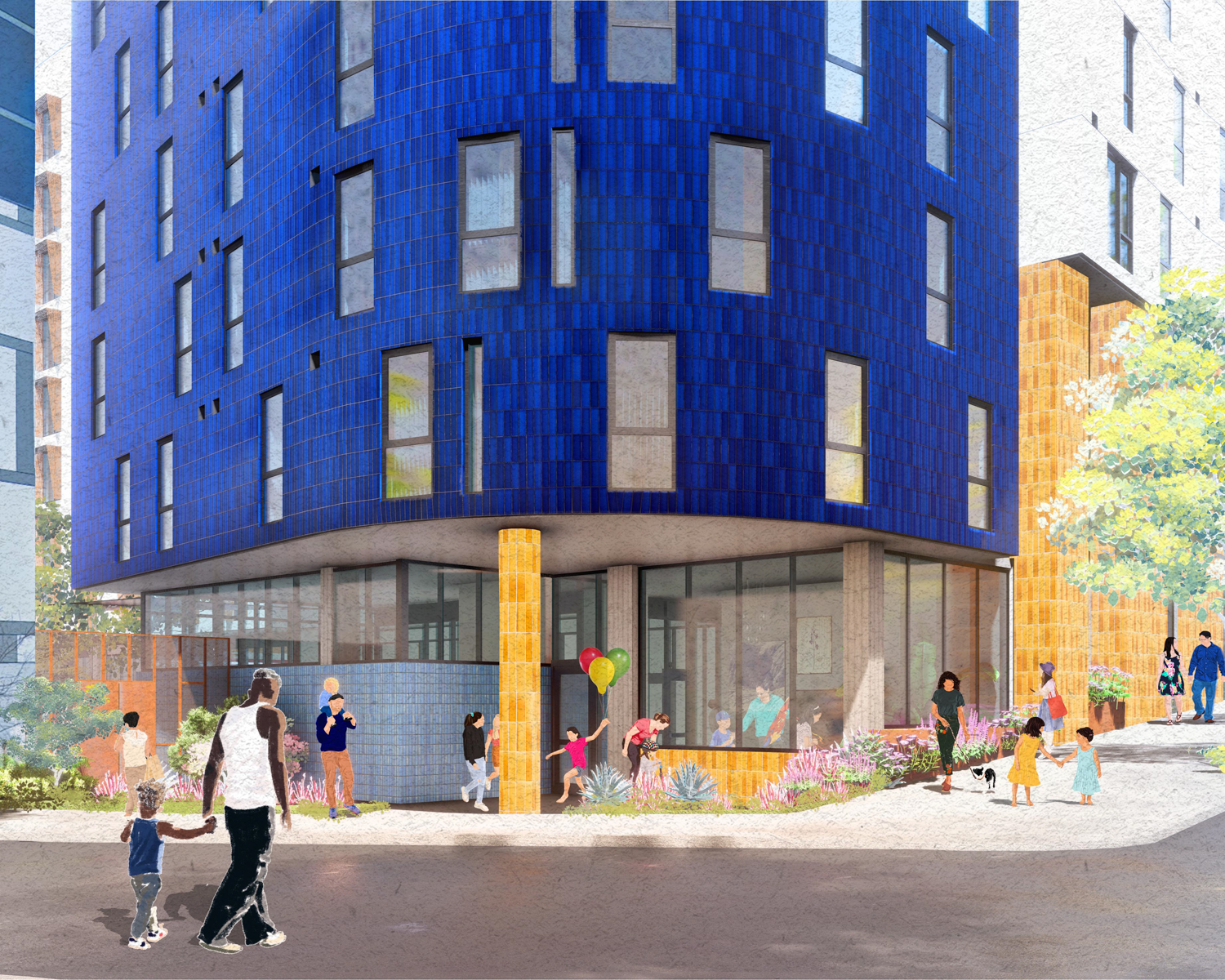 1515 South Van Ness Avenue pedestrian view along Shotwell Street, rendering by David Baker Architects