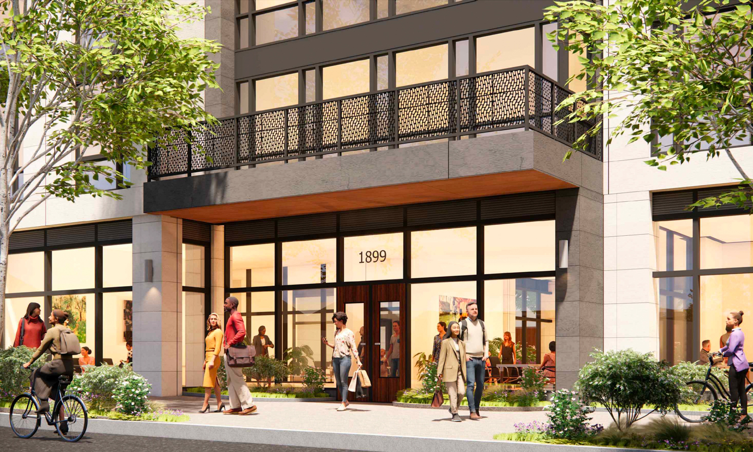 1899 Oxford Street residential lobby and sidewalk view, rendering by SDT Architects